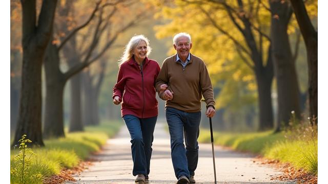 Elderly couple walking briskly outdoors, emphasizing fitness for all ages