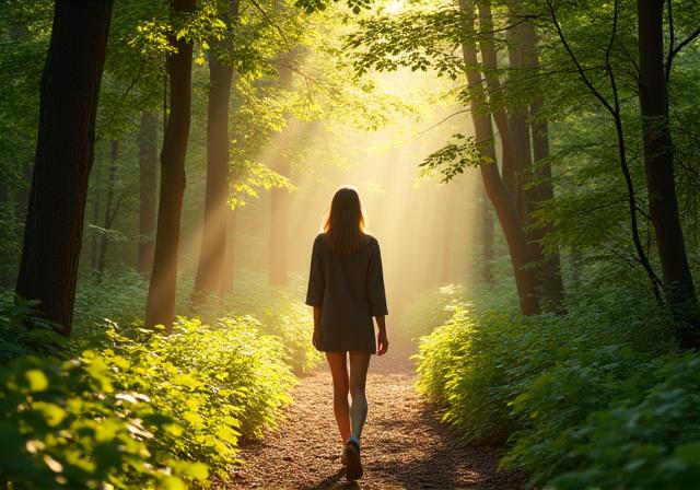 Person walking mindfully through a peaceful forest path