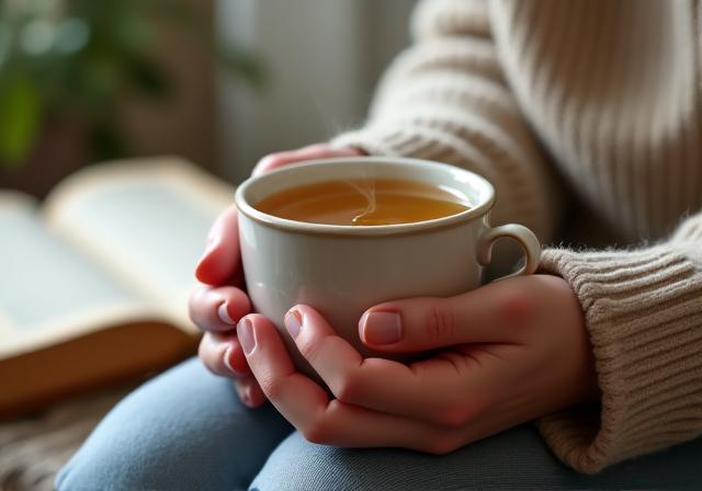 Person calmly drinking tea, symbolizing stress relief