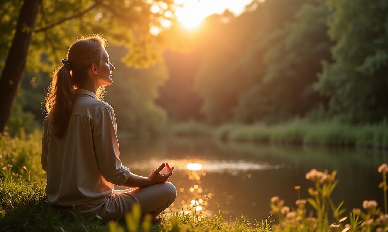 Woman meditating in nature with soft, calming light, symbolizing holistic wellness.