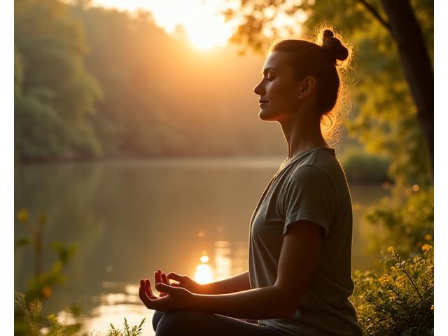 Woman meditating in nature with soft, calming light, symbolizing holistic wellness.