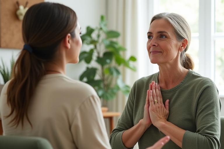 A personal coach guiding an individual through mindful exercises, symbolizing lifestyle coaching.
