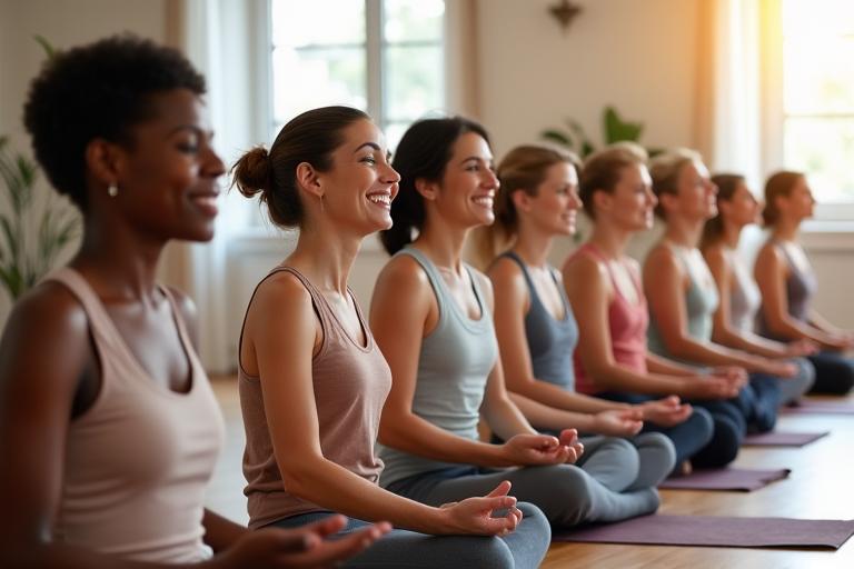 A diverse group of people engaged in a peaceful yoga or meditation workshop, symbolizing community wellness.